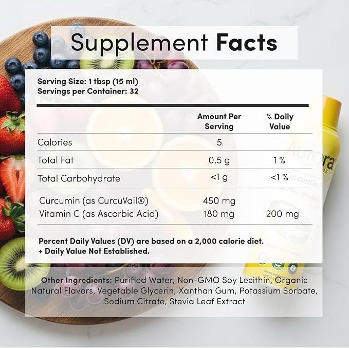Aurora Nutrascience Mega-Liposomal Curcumin+ Vitamin C with CurcuVail Supports Healthy Joints Muscles GI Tract and Brain Organic Non-GMO 450mg per Serving 16 fl oz