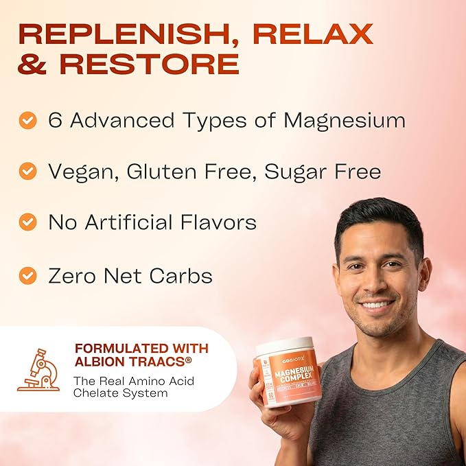 GoBiotix Magnesium Glycinate Powder – Cortisol Supplements for Women and Men – High Absorption Magnesium Complex Calm Supplement with Citrate Malate – Sugar Free – 420 mg 60 Servings - Peach Tea