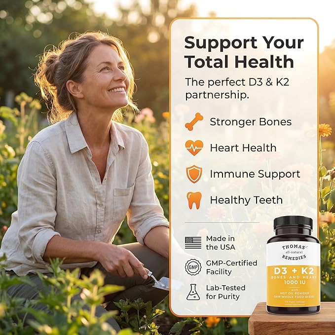 Thomas' all-natural Remedies D3 + K2 with MCT Oil for Better Absorption &amp Raw Whole Food Blend 1000 IU D3 Vegan Made in USA Support for Your Heart Bones &amp Teeth Non-GMO (120ct)