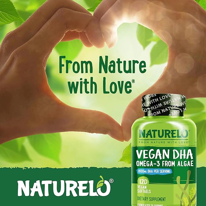 NATURELO Vegan DHA Vegan Omega 3 Supplement 120 Softgels Supports Brain/Heart/Eye Health Complements Prenatal Vitamins Essential Fatty Acids Omega 3 Supplement for Women &amp Men
