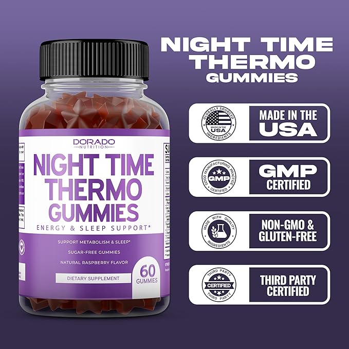 Night Time Fat Burner Gummies (60 Count) Weight Loss &amp Metabolism - Sugar-Free - Delicious Raspberry Flavored Melatonin Supplement Gummies - Vegan Safe - Third Party Tested - Made in USA (Pack of