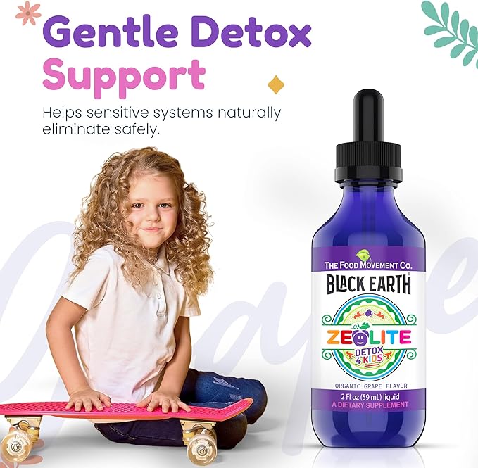 The Food Movement - Zeolite Detox for Kids Organic Grape Flavor - Gentle Zeolite Liquid with Black Earth Humic and Fulvic Acid Supports Natural Detoxification (2 oz Dropper)