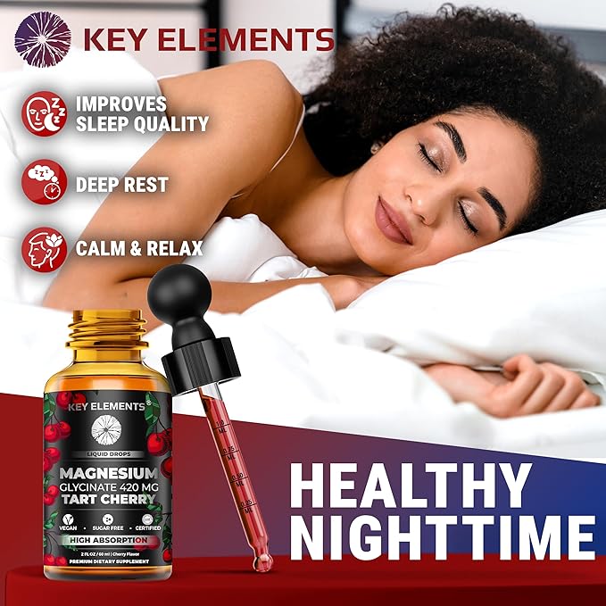 Liquid Magnesium Glycinate 420 Mg with Natural Tart Cherry Extract | Magnesium Glycinate Drops Supplement for Sleep Mood &amp Mobility Support | Tart Cherry Extract