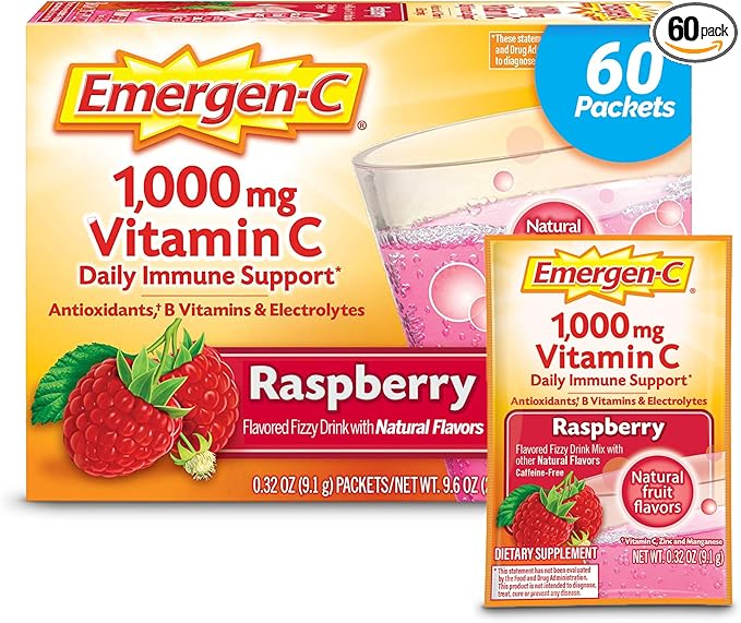 Emergen-C 1000mg Vitamin C Powder with Antioxidants B Vitamins and Electrolytes Vitamin C Supplements for Immune Support Caffeine Free Drink Mix Raspberry Flavor - 60 Count/2 Month Supply