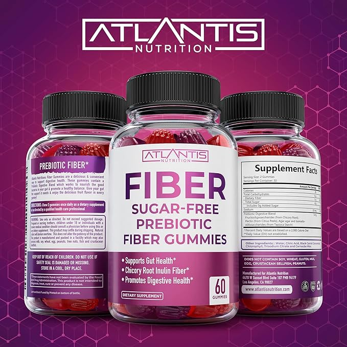 Atlantis Nutrition Sugar Free Prebiotic Fiber Gummies for Adults 2-Pack (120 Gummies) + Supergreens 60 Gummies