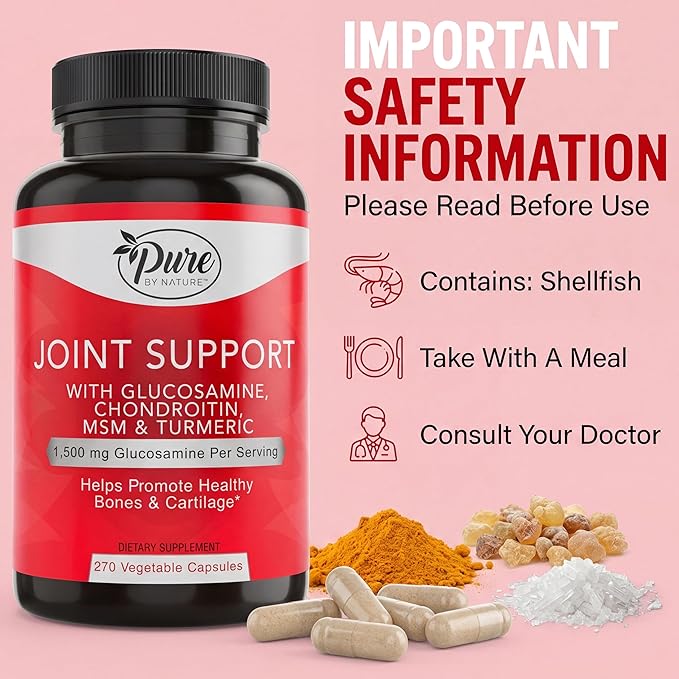 Pure By Nature Joint Support Glucosamine with Chondroitin Turmeric MSM Boswellia Supplement 270 Capsules