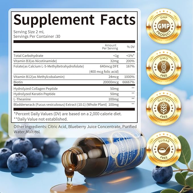 Liquid Biotin &amp Collagen Drops 20000mcg--High Potency Hair Growth Vitamin Support - Biotin and Liquid Collagen Supplement for Women &amp Men - Glowing Skin Support Healthy Hair &amp Nail Growt