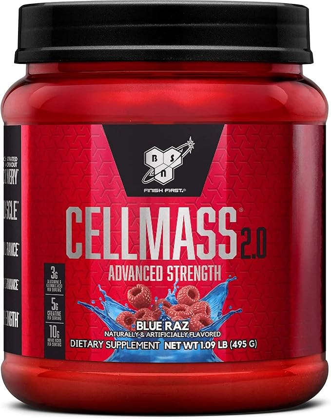 BSN CELLMASS 2.0 Post Workout Recovery with BCAA Creatine &amp Glutamine - Keto Friendly - Blue Raz (25 Servings)