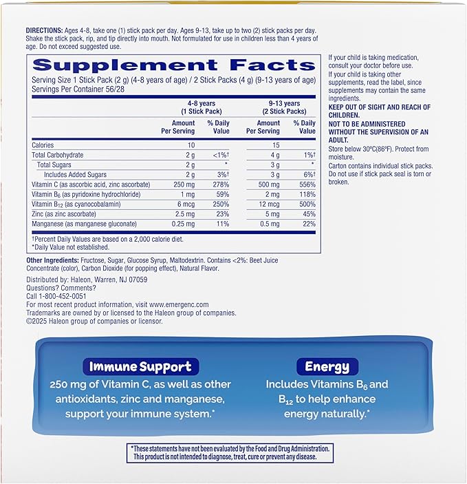 Emergen-C Kidz Crystals On-the-Go Emergen-C Immune Support Supplement with Vitamin C B Vitamins Zinc and Manganese Sparkly Strawberry Stocking Stuffer - 56 Stick Packs