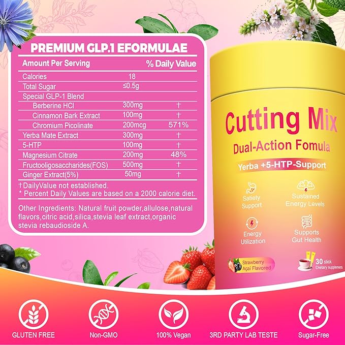 Cutting Drink Mix – Supports Satiety Signaling Energy &amp Gut Health with Berberine Chromium FOS Yerba Mate &amp 5-HTP | Vegan Sugar-Free Non-GMO | Strawberry Açaí – 30 Sticks (2Pack)