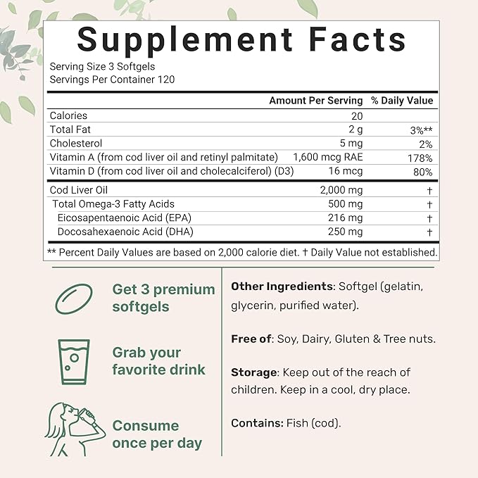Triple Strength Omega 3 Fish Oil Supplements 4200mg Per Serving &amp Cod Liver Oil 2000mg Per Serving 360 Softgels | Lemon Flavored – Burpless – Wild Caught – Arctic Deep Sea Fish