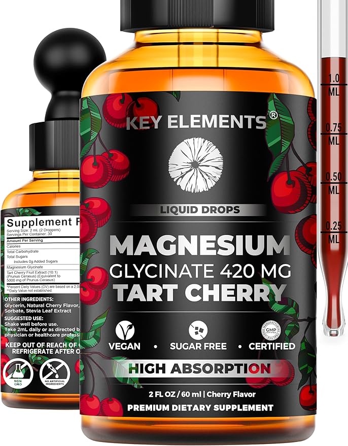 Liquid Magnesium Glycinate 420 Mg with Natural Tart Cherry Extract | Magnesium Glycinate Drops Supplement for Sleep Mood &amp Mobility Support | Tart Cherry Extract