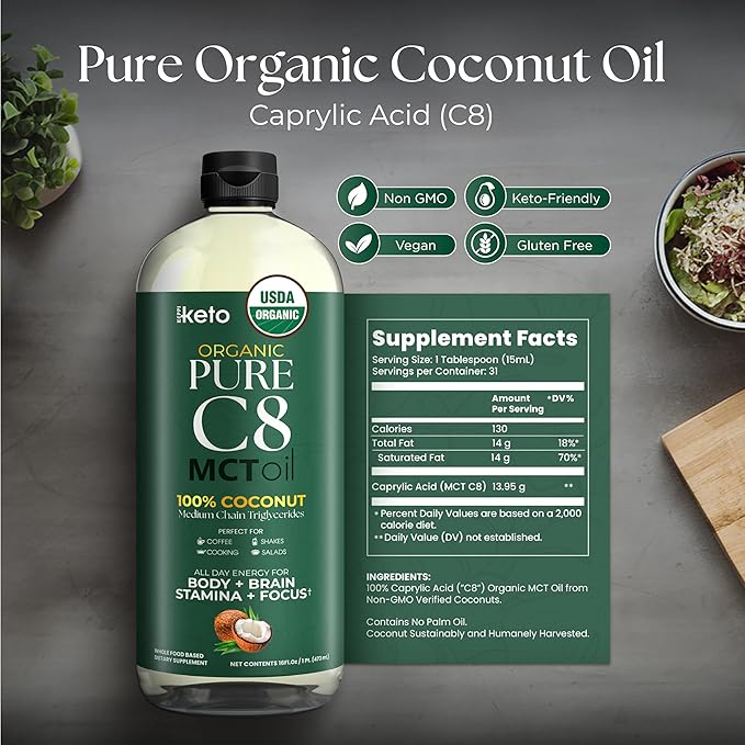 Keppi Organic MCT Oil - Flavorless C8 Non-GMO Certified Organic Gluten-Free Palm Oil Free Vegan Kosher Halal 16 oz Coconut Oil