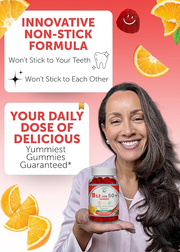 Lunakai USA Made Vitamin B12 Gummies for Adults 50+ Non-GMO B12 for Energy &amp Vitality Boost Delicious Orange Flavor 60ct