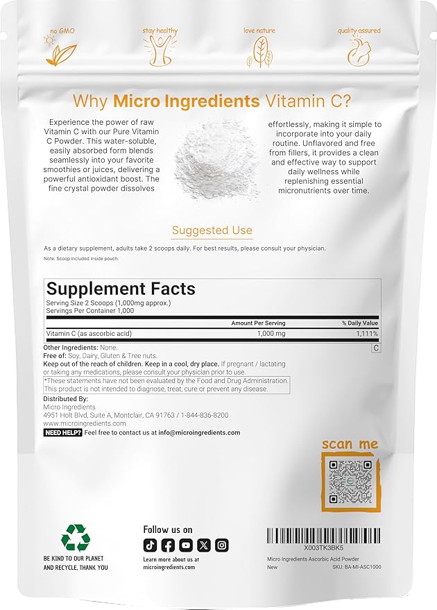 Micro Ingredients Pure Vitamin C Powder 2.2lbs (1kg) | Unflavored Ascorbic Acid Supplements | Vitamins for Women &amp Men | Non-GMO Gluten Free