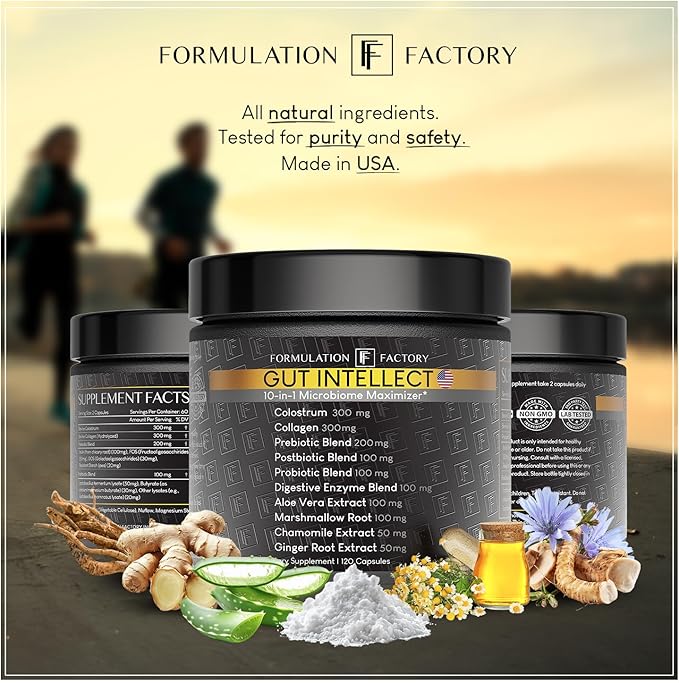 Formulation Factory Gut Intellect 10-in-1 Microbiome Supplement Prebiotics Probiotics Postbiotics Colostrum Collagen Aloe Vera Chamomile Ginger Enzymes Digestive 360 Cap (3 Pack)