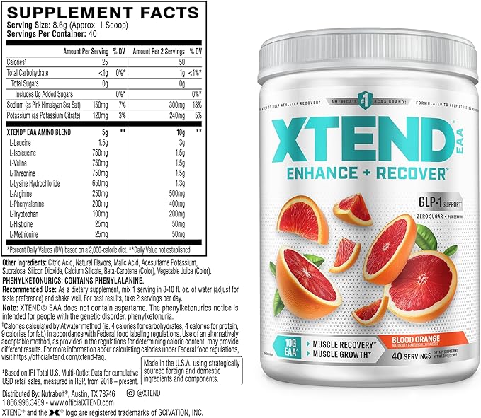 Xtend Scivation EAA + BCAA Powder | Muscle Recovery &amp Lean Muscle Growth | 9 Essential Amino Acids for Intra Workout or Post Workout Recovery | 10g EAAs Per 2 Servings | Blood Orange 40 Servings