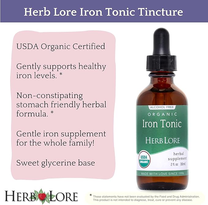 Herb Lore Iron Tonic - Organic Liquid Iron Drops Supplement for Kids &amp Women - Baby Infant &amp Toddler Friendly - Plant Based Vegan Gentle Non Constipating Herbal Tincture (2 fl oz)