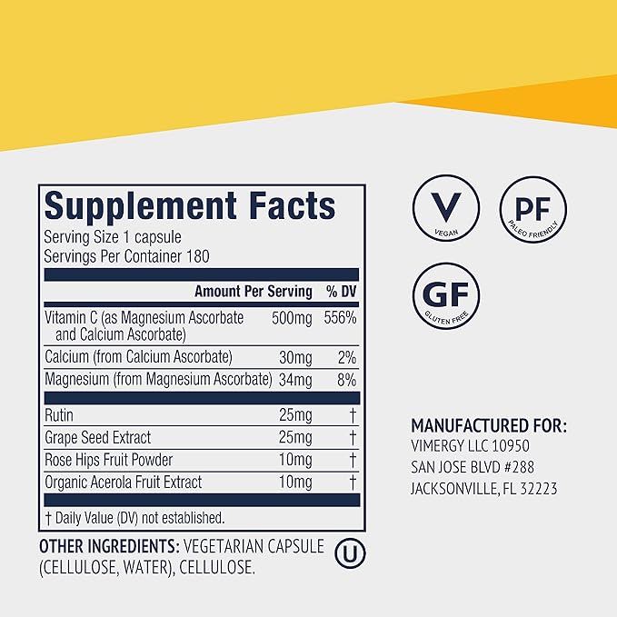 Vimergy Micro-C® Vitamin C Capsules – 500mg per Capsule Supports Immune Health* Promotes Collagen Production Supports Healthy Bones* Kosher Vegan &amp Gluten-Free Travel Size 90 Capsules