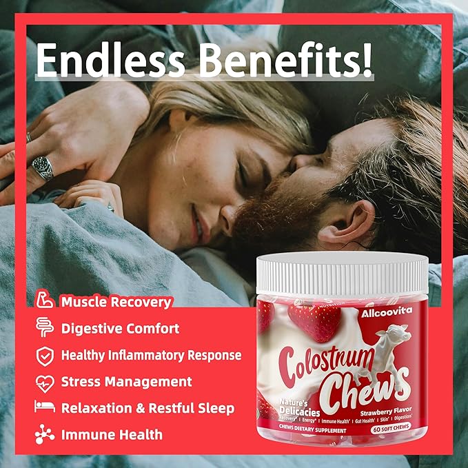 Bovine Colostrum Chews Supplement with probiotics for Gut Health Bloating Immune Support Skin Hair Growth and Beauty - Strawberry Flavor (60 Servings)
