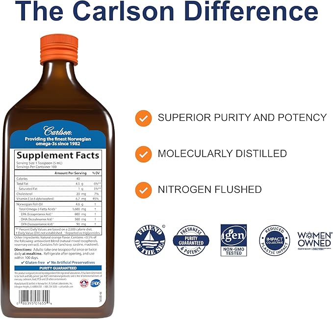 Carlson - The Very Finest Fish Oil 1600 mg Omega-3s Liquid Fish Oil Supplement Norwegian Fish Oil Wild-Caught Sustainably Sourced Fish Oil Liquid Orange 16.9 Fl Oz