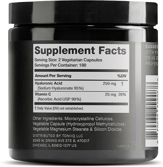 Toniiq Hyaluronic Acid Supplements – Lab Tested 95% Ultra High Purity – Fermented and Bioavailable with Vitamin C – Third Party Lab Tested – 360 Capsules