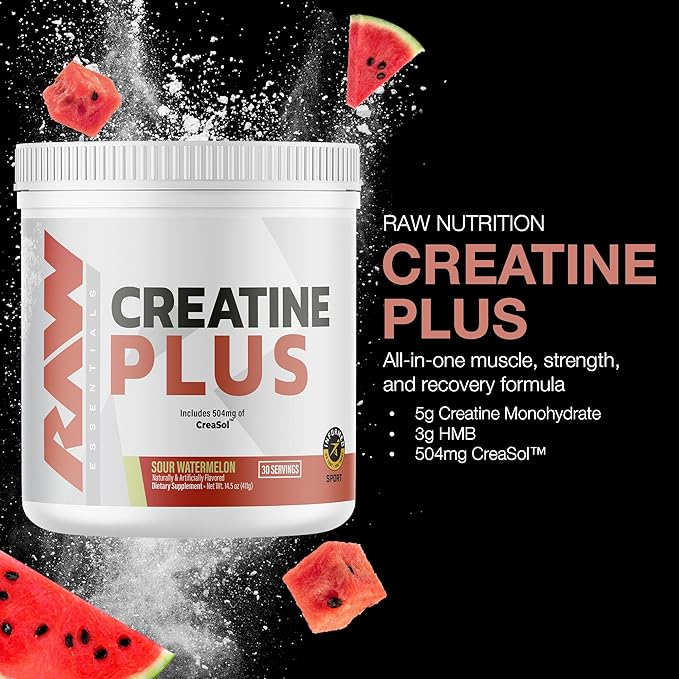 RAW Creatine Plus Creatine HMB Powder for Men &amp Women - Creatine Monohydrate Powder with HMB Taurine &amp No Added Sugar - Muscle Mass Growth Strength Building &amp Enhanced Energy - Sour Wat
