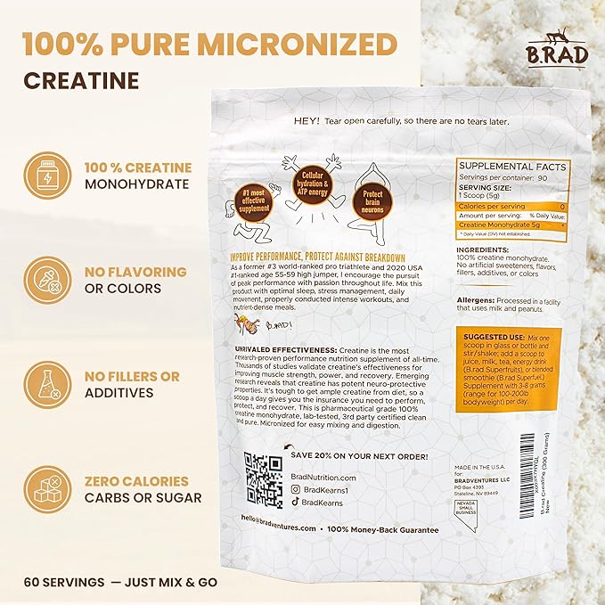 B.rad 100% Pure Micronized Creatine Monohydrate Powder | Natural No Additives | Boosts Muscle Strength Recovery &amp Performance | Supports Brain Health | 300g 60 Servings