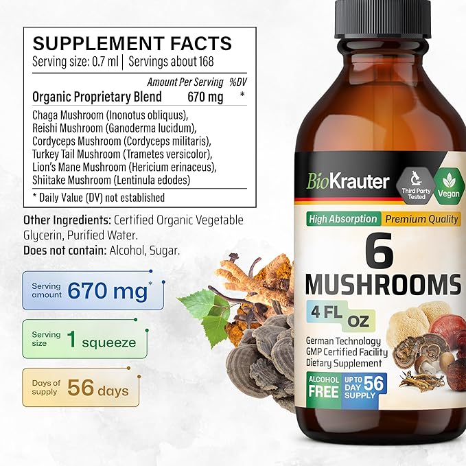 BIO KRAUTER® 6-in-1 Mushroom Complex with Lion’s Mane Chaga Reishi Cordyceps Turkey Tail &amp Shiitake - Vegan Mushroom Supplement for Immune Support - Natural Focus &amp Brain Support 4 Fl. Oz.