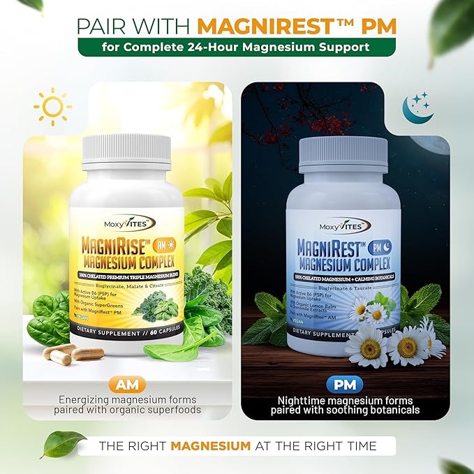 MoxyVites MagniRise™ AM– Magnesium Complex for Women &amp Men - 200mg Magnesium Bisglycinate Malate Citrate B6 Organic SuperGreens – Chelated High Absorption – Pairs with MagniRest™ PM – 60 Caps