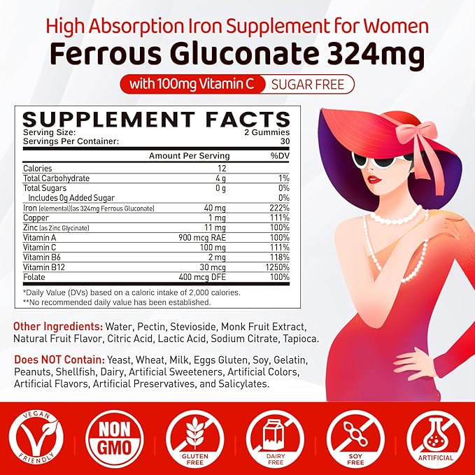 Iron Gummies for Women Teen Girls Ferrous Gluconate 324 mg with Vitamin C Iron Supplement Plus Vitamin A B Folate Copper Zinc Energy &amp Blood Support Immune Health Sugar Free 60 Gummies