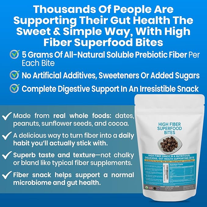 High Fiber Superfood Bites 5g Clean Fiber Snacks for Adults Peanut Cocoa Date Flavor High Fiber Foods No Added Sugar Vegan Fiber Snack Supports Digestion Regularity Gut Health Snack 30 Count
