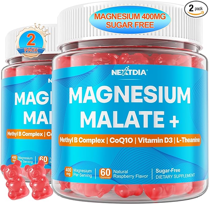 Magnesium Malate Gummies - Magnesium 400mg L-5-MTHF Folate 680mcg Methyl B12 B6 L-Theanine &amp CoQ10 - Sugar Free Methylated Magnesium Complex for Women Men Methylation Energy Muscle &amp Ca