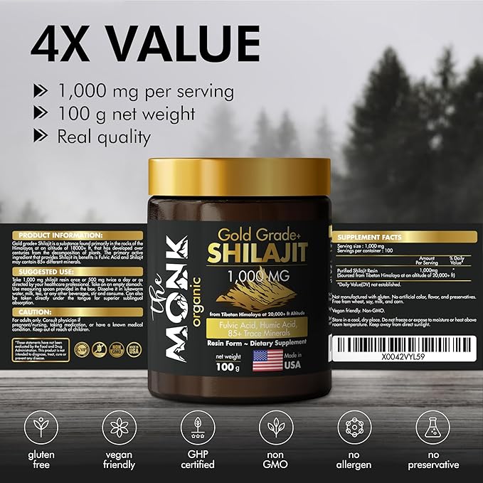 Organic Himalayan Shilajit Resin with Fulvic Acid Humic Acid 85+ Minerals- Gold Grade Plus - 100g 1000 mg Per Serving - Energy Stamina Brain Support - Made in The USA
