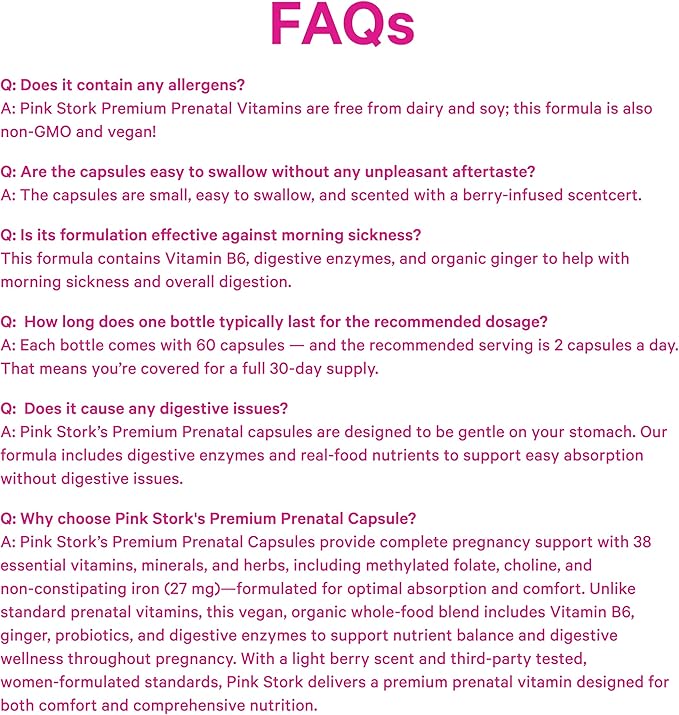 Pink Stork Premium Prenatal Vitamins for Women | Methylated Folate Choline Iron Vegan DHA | Doctor-Formulated Prenatal Vitamin | Organic Whole-Foods &amp Probiotic | Gentle on Stomach 60 Count