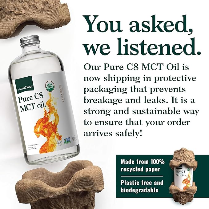 Natural Force Organic Pure C8 MCT Oil – Liquid MCT Oil in Glass Bottle Container – Concentrated Caprylic Acid – Keto Paleo Kosher Vegan &amp Non-GMO – Lab Tested for Quality and Purity 32 Ounce