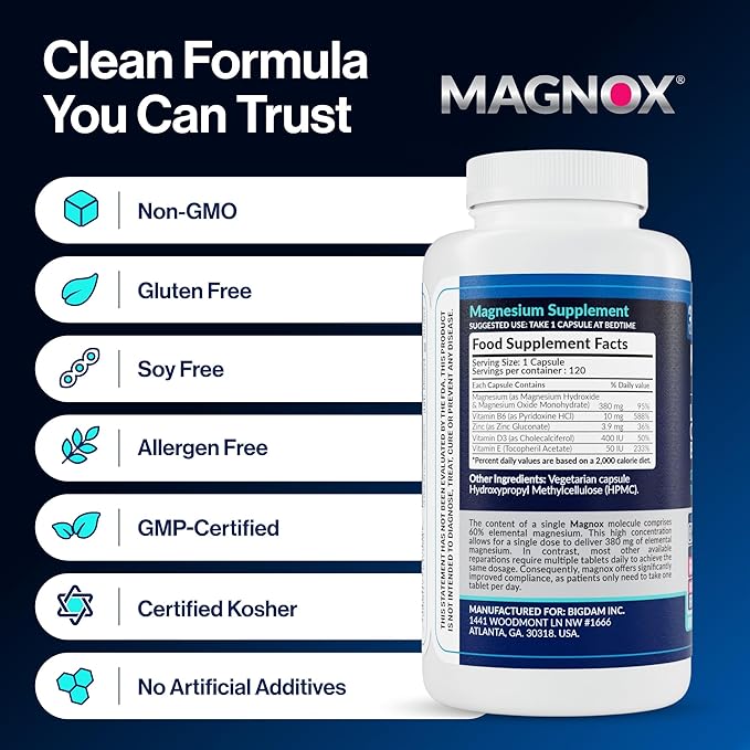MAGNOX® Buster | Patented Clinically Tested 380mg Magnesium Supplement for Spasms &amp Leg Cramps at Night | One Capsule a Day for Almost Full Dosage | 3X More Absorption | Dead Sea Minerals (120 Cap