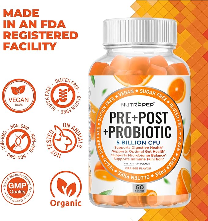 Prebiotic Probiotic &amp Postbiotic Gummies for Women Men &amp Kids Children - High Potency 5 Billion CFU - Sugar-Free &amp Gluten Free