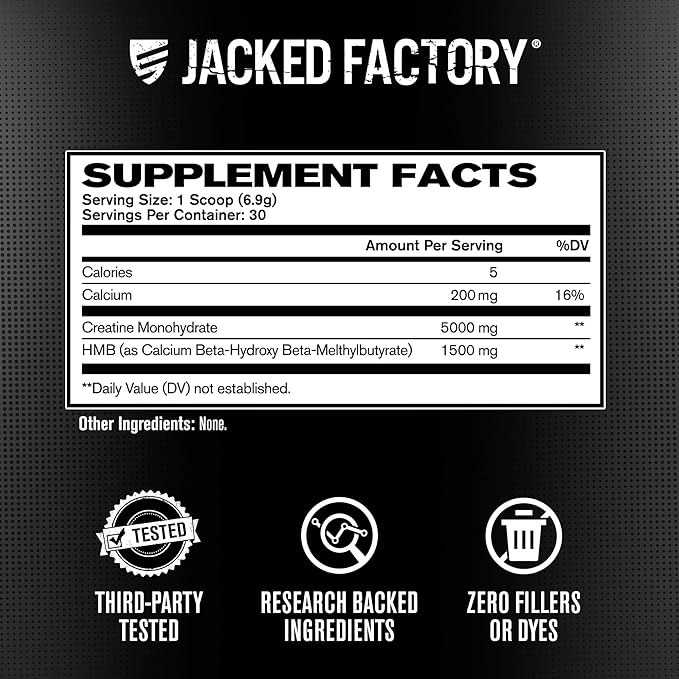 Jacked Factory Creatine HMB Powder Supplement with Creatine Monohydrate &amp HMB for Men &amp Women for Muscle Growth Increased Strength Enhanced Energy - 30 Servings Unflavored