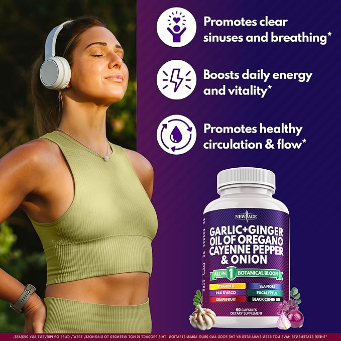 NEW AGE Garlic + Ginger Supplement - Oil of Oregano Cayenne Pepper Soursop Black Cumin Sea Moss Black Pepper - Black Seed Cleanse - 120 Count