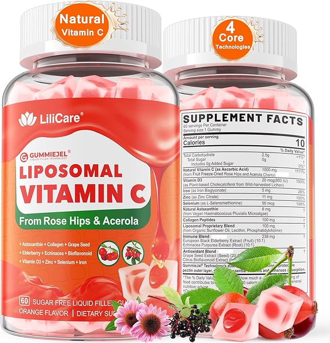 Natural Liposomal Vitamin C 1000mg Gummies for Adults &amp Kids 9+ Chewable Vitamin C w/ 11mg Zinc D3 Elderberry Echinacea  Bioflavonoid Immune Support Whole Food VIT C from Fruits Sugar Fre