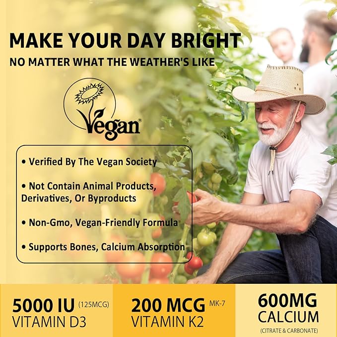 Vitamin D3 5000iu &amp K2( as MK7 ) 200mcg Gummies + 600mg Calcium with Coconut Oil for High Absorption Maximum Strength Vitamin D3 K2 Supplement - Support for Bones Muscle Teeth Immune Vegan 2Pac