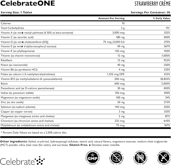 Celebrate Vitamins CelebrateONE Chewables Iron Free - Once Daily Bariatric Multivitamin Essential Vitamins &amp Minerals - Gastric Bypass &amp Sleeve Gastrectomy Supplement - Strawberry Creme (30