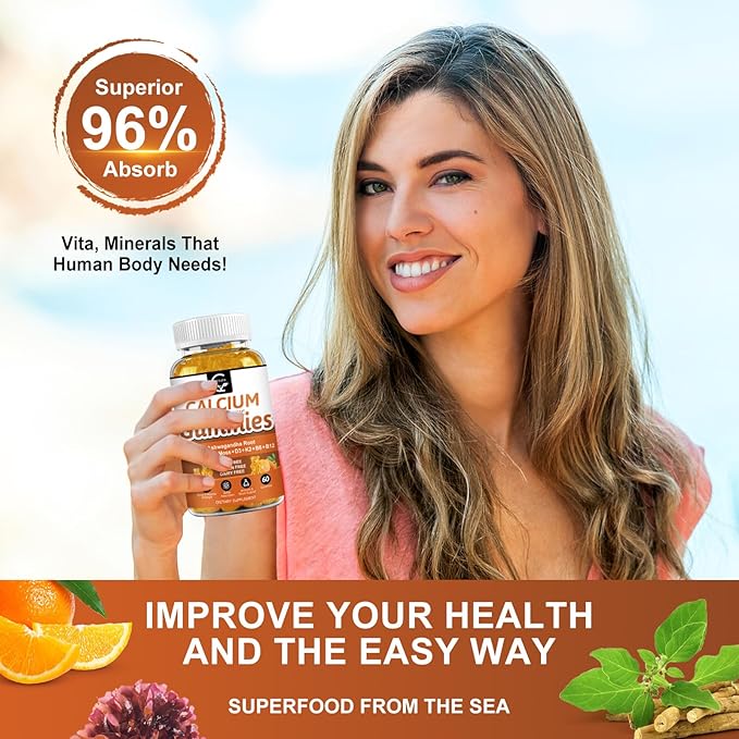1200mg Calcium Gummies with Vitamin D3K2B12 &amp B6 - Plant Complex Calcium Magnesium Supplement with GlycinatePotassiumSea MossAshwagandha Root for Bone &amp Teeth Strength Muscle &amp Immun