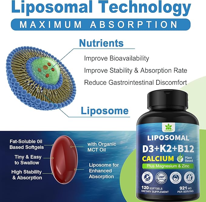 6-in-1 Liposomal Vitamin D3 K2 Calcium Supplement - Plant Based Calcium 600mg with Vegan Vitamin D3 5000 iu + Vitamin K K2 MK7 + B12 Algae Ca-lcium Magnesium Zinc for Bone Softgels 2 Pack