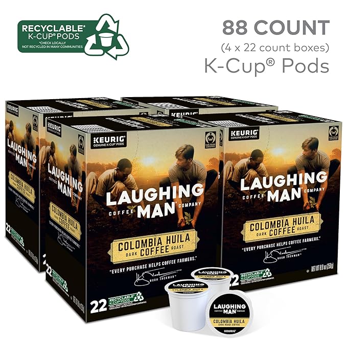 Laughing Man Colombia Huila Coffee Keurig Single Serve K-Cup Pods Dark Roast 88 Count (4 Packs of 22)