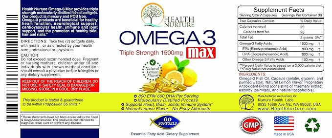 Fish Oil Omega-3 Maximum Strength 1500mg (800 EPA/600 Dha) Pharmaceutical Grade Fish Oil
