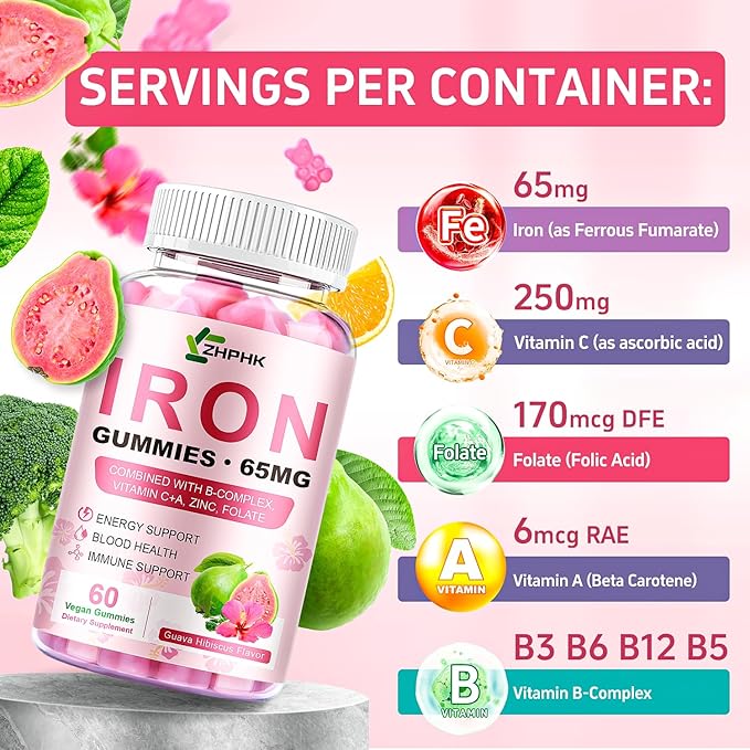 Iron Gummies for Women Men Vitamin Supplement 65mg &amp Vitamin C 250mg Per Serving with B6 B12 Folate- Energy Support for Iron Deficiency Anemia Vegan Guava Hibiscus Flavor 120 Count