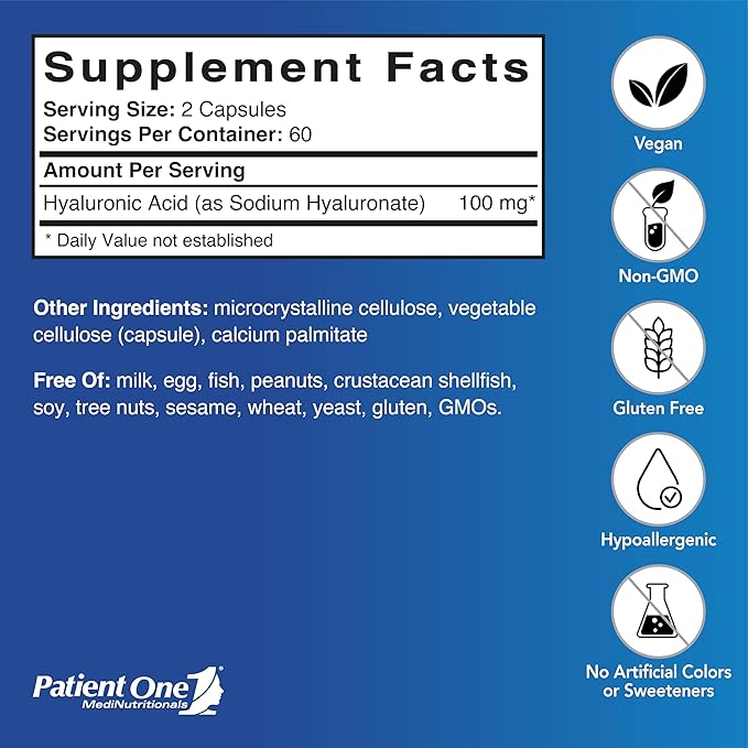 Patient One Hyaluronic Acid 100mg | Supplement to Support Hydrated Youthful Skin and Joint Health* | 120 Capsules