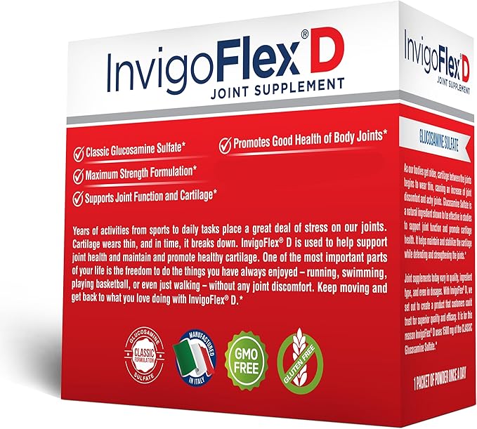 INVIGOFLEX® D - 1500mg of Glucosamine Sulfate Powder (Classic Formulation) - Premium Joint Supplement for Knees Hands Back and Hip Support Packets | 30 Packets